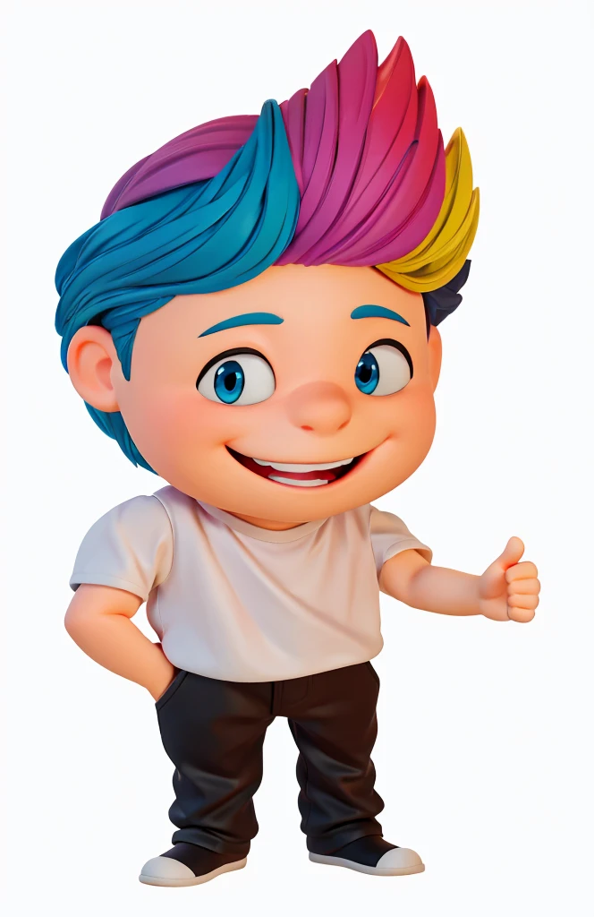 Enhance the image of a full-body 3D character by focusing on a Disney Pixar modeling style. Keep the color palette vibrant, with colorful hair, bright blue eyes, and a smile showing off your top teeth. The character's left hand should be giving the thumbs up sign, while the character's right hand is in their pocket. Ensure the final image has a polished finish with high-quality 3D rendering. The character should have a clean, detailed look, with soft shadows and realistic lighting. The final image must be rendered in 8K quality. The background can be simplified or replaced with a more neutral environment if necessary.