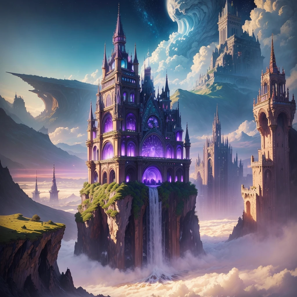 ((masterpiece)), Highest quality, (8K, Highest quality, masterpiece:1.2), Ultra-detailed, figure, Big Fantasy City, sf, Ether City, Floating city, Skyscrapers,Super huge waterfall,Many planets in the sky, clouds around, Celestial architecture, Purple energy scars around, Huge castle in the center, Astral Sky