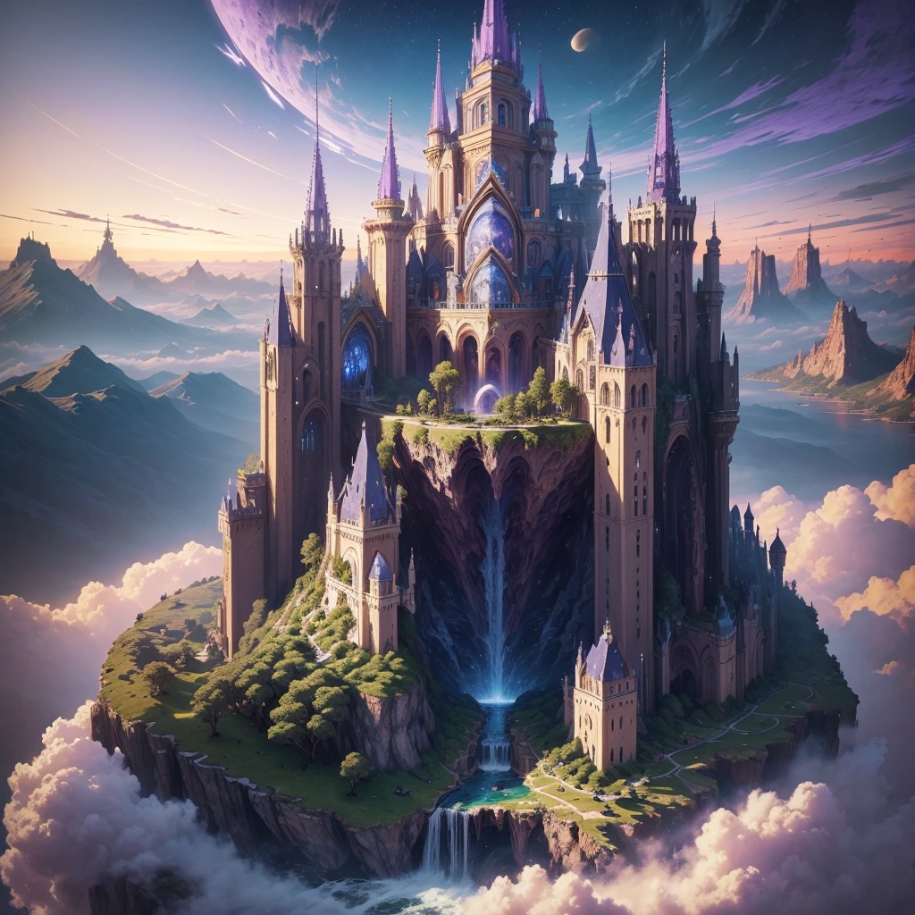 ((masterpiece)), Highest quality, (8K, Highest quality, masterpiece:1.2), Ultra-detailed, figure, Big Fantasy City, sf, Ether City, Floating city, Skyscrapers,Super huge waterfall,Many planets in the sky, clouds around, Celestial architecture, Purple energy scars around, Huge castle in the center, Astral Sky