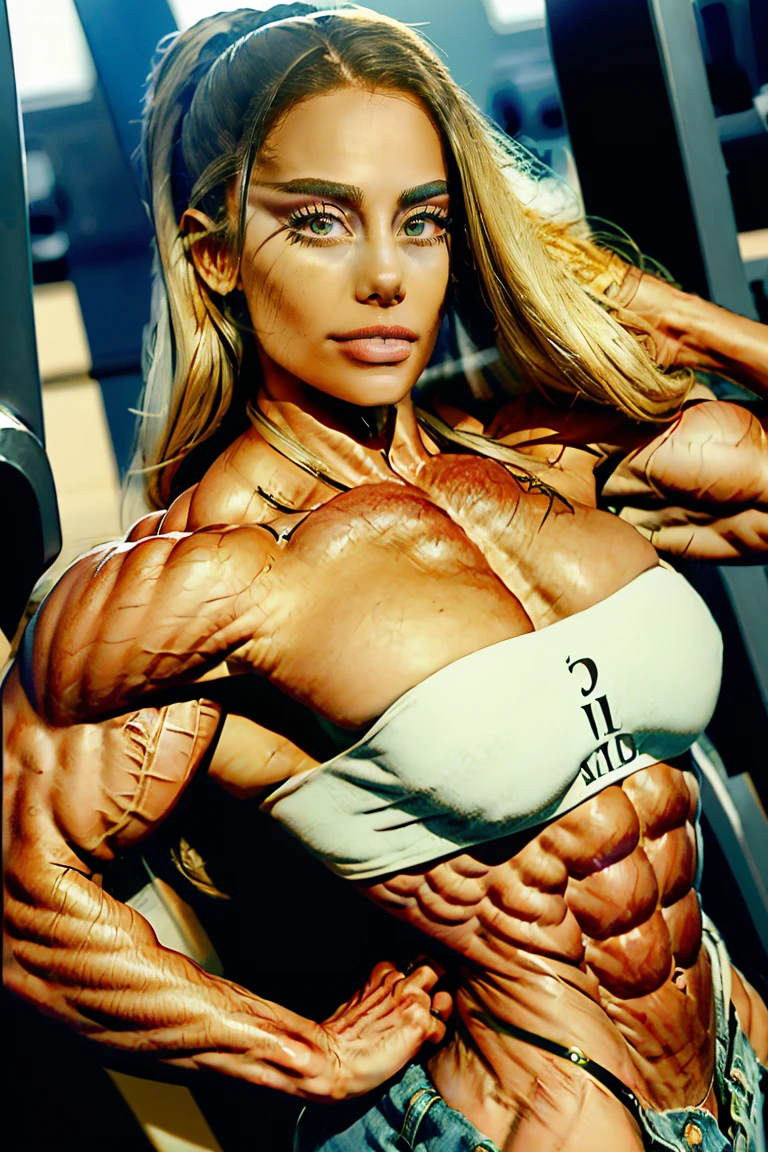 (2 girls body builders:1.6), ((masterpiece)), best quality, ultra-detailed:1.7, finely detail, high resolution:1.6, perfect dynamic composition, beautiful detailed faces:1.77, blonde babes:1.88, perfect red lipstick, perfect makeup:1.8, short denim bikini , large breasts:1.4, lovely look:1.7, gorgeous face:1.6, defined muscles:1.4, beautiful faces:1.8, alessandra ambrossio, izabel goulart, Kate Upton, Gigi Hadid, candice swanpoel ,popped out dense veins on muscles:1.8, hyper detailed picture:1.4, 8k resolution: 1.7, flex muscles:1.3, hyper muscular body shape:1.42, photorealistic:1.5, realistic:1.6, face masterpiece:1.74, good and professional lighting on picture:1.38, Ukrainian-Moroccan muscle beauty goddess, masterpiece 22 years old Ariana Grande and Jennifer Lopez as bodybuilders, extremely high resolution, hyper feminine beauty , hyper realistic texture , extra large , hyper muscularity, hyper vascularity, ass of titanium, muscles of steel, ripped body shape, ripped sexy ass with bikini, muscular ass , topless, kissing, good face details, hyper face detailing, doing sex, super romantic moment, hyper romantic, romantic kiss, nude females, perfect symmetrical face, sexy french kiss with tongues, serious muscle posing, exaggerated muscular body, extremely shredded, flexing and posing muscles as bodybuilder, exaggerated veins on biceps