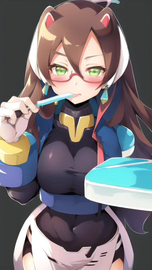 Aile_Megamanzx, 1 Girl, looking at viewer, Brown hair, Green eyes, Simple background , Blushed , Leaning on a table , Glasses , Licking a lemon ice popsicle