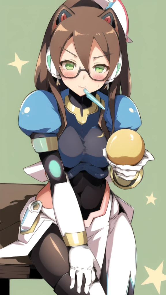 Aile_Megamanzx, 1 Girl, looking at viewer, Brown hair, Green eyes, Simple background , Blushed , Leaning on a table , Glasses , Licking a lemon ice popsicle