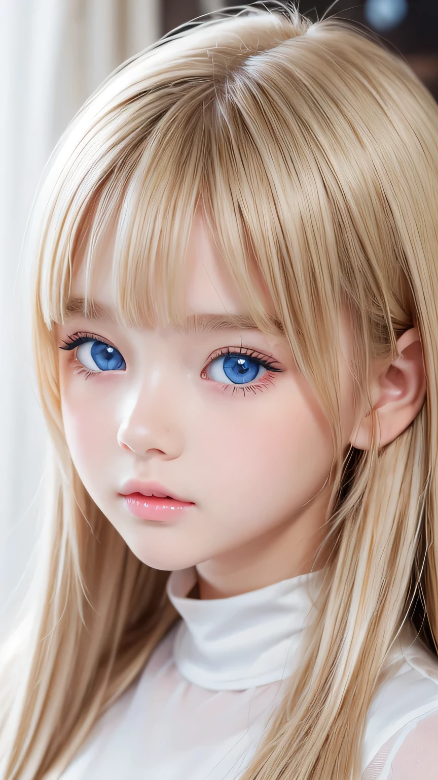 Very cute blonde girl、Very beautiful, large, bright, pale blue eyes、Gloss Face、Snow-white glossy skin、Cheek gloss、Super long hair、Ample Bust、Beautiful long bangs、Small Face Beauty、Very big eyes