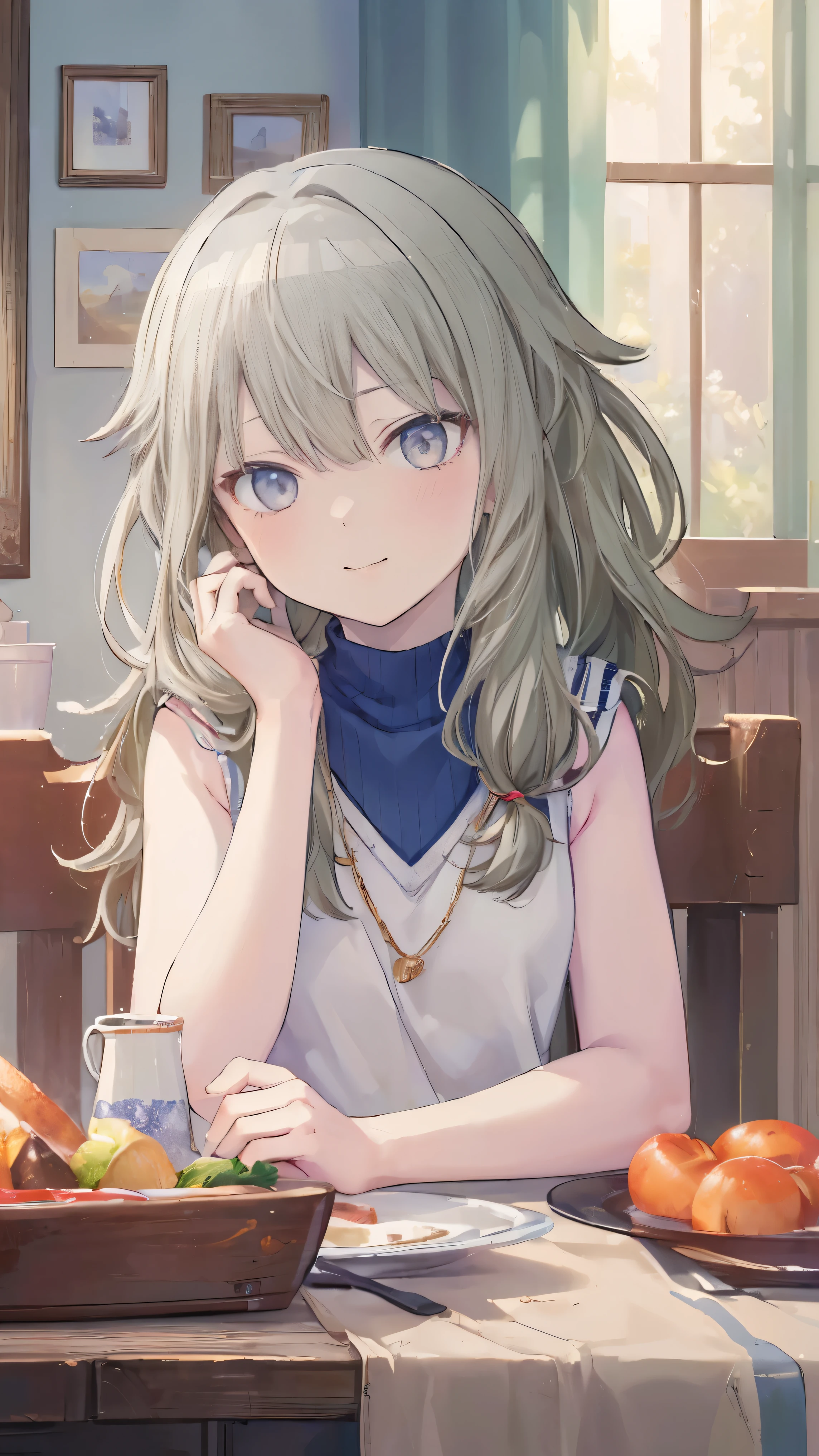 (masterpiece, Highest quality:1.6),Best image quality、Highest quality、Perfect lighting,masterpiece、Best image quality、Highest quality、Lori、Girl、、smile、Show your hand, Put your elbows on the table, Slap in the face、Chest close-up, , Sleeveless, Knitted sweater