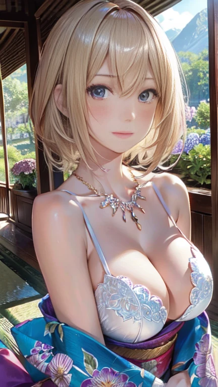 the same,
One Woman,

Golden Hair,
(Short Hair.05),Ashime,straight,

((Flower Hair Ornaments)),Purple Necklace,

Natural skin texture,Big boobs,Narrow waist,
Pink Lipstick,

kimono,Hydrangea pattern,

Neuschwanstein Castle,
sunset,Outdoor,garden,

Slightly larger breasts,expression(Puzzled),Resolute attitude,
Closed Mouth,blush,True Face,upright posture,Squint your eyes,

Natural depiction,
Beautiful depiction,
Shiny eyes,
Healthy Body,
Natural hairstyle,
Natural body contours,
Natural facial contours,
(Five fingers)A clear depiction of,Symmetrical fingers,
Two arms,Two legs,
Sharp eyelid depiction,
Keep the subject in the center,Expand the upper body,
Beautiful image quality,
Delicate shades,
4K,Very detailed,
Delicate light adjustment,
Delicate contour drawing,