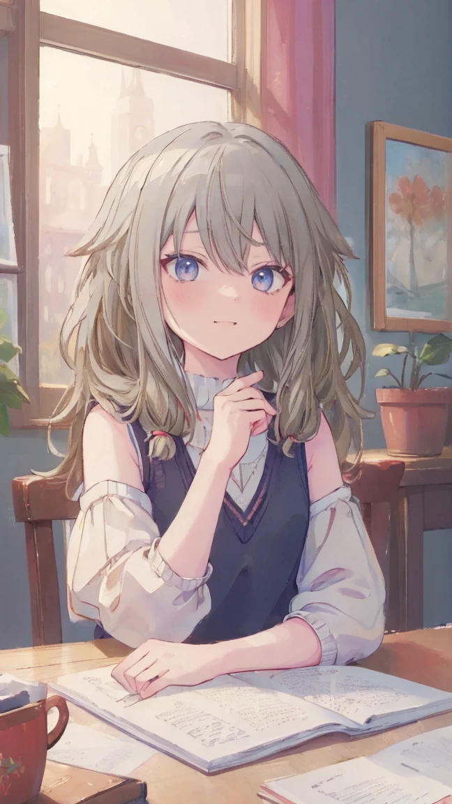 (masterpiece, Highest quality:1.6),Best image quality、Highest quality、Perfect lighting,masterpiece、Best image quality、Highest quality、Lori、Girl、、smile、Show your hand, Put your elbows on the table, Slap in the face、Chest close-up, , Sleeveless, Knitted sweater