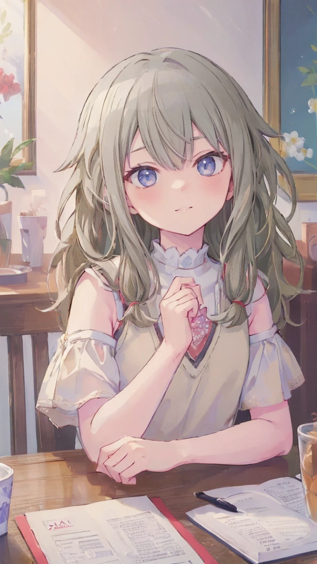 (masterpiece, Highest quality:1.6),Best image quality、Highest quality、Perfect lighting,masterpiece、Best image quality、Highest quality、Lori、Girl、、smile、Show your hand, Put your elbows on the table, Slap in the face、Chest close-up, , Sleeveless, Knitted sweater