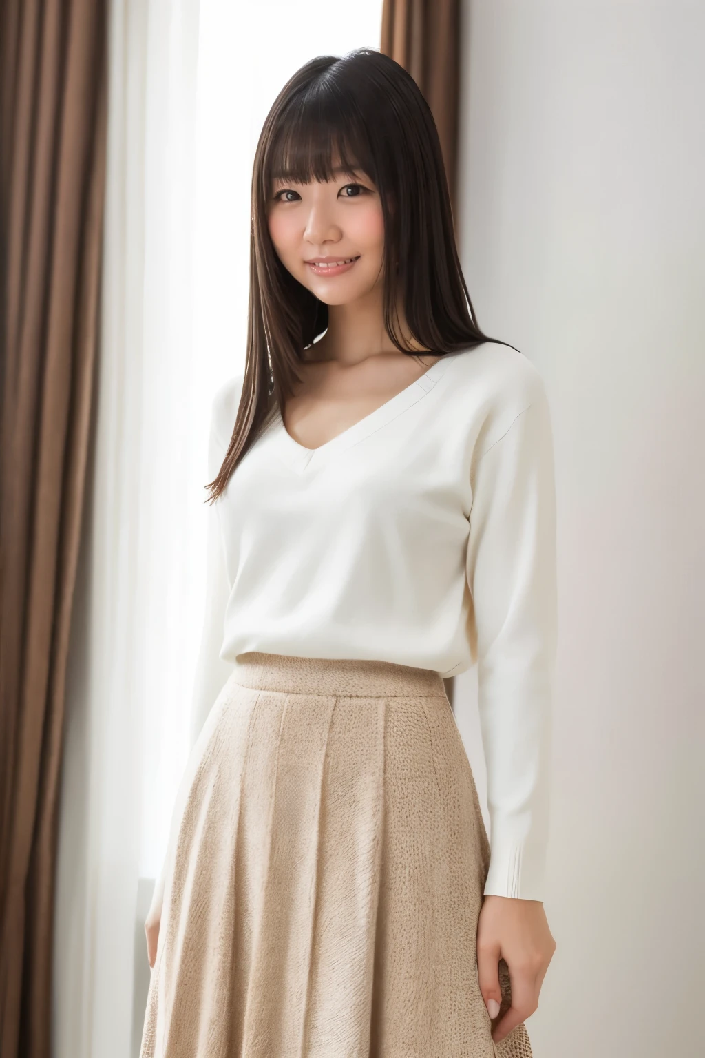 Highest quality、Tabletop、Best image quality、Award-winning works)、 pretty girl、(Elegant white V-neck knit sweater:1.2)、(An elegant skirt made of Melton fabric.:1.2)、Perfect girl portrait photo、Glowing Skin、Standing Elegantly、(The simplest blurry background:1.1)、Glowing White Skin、Very white skin、smile、Small cleavage