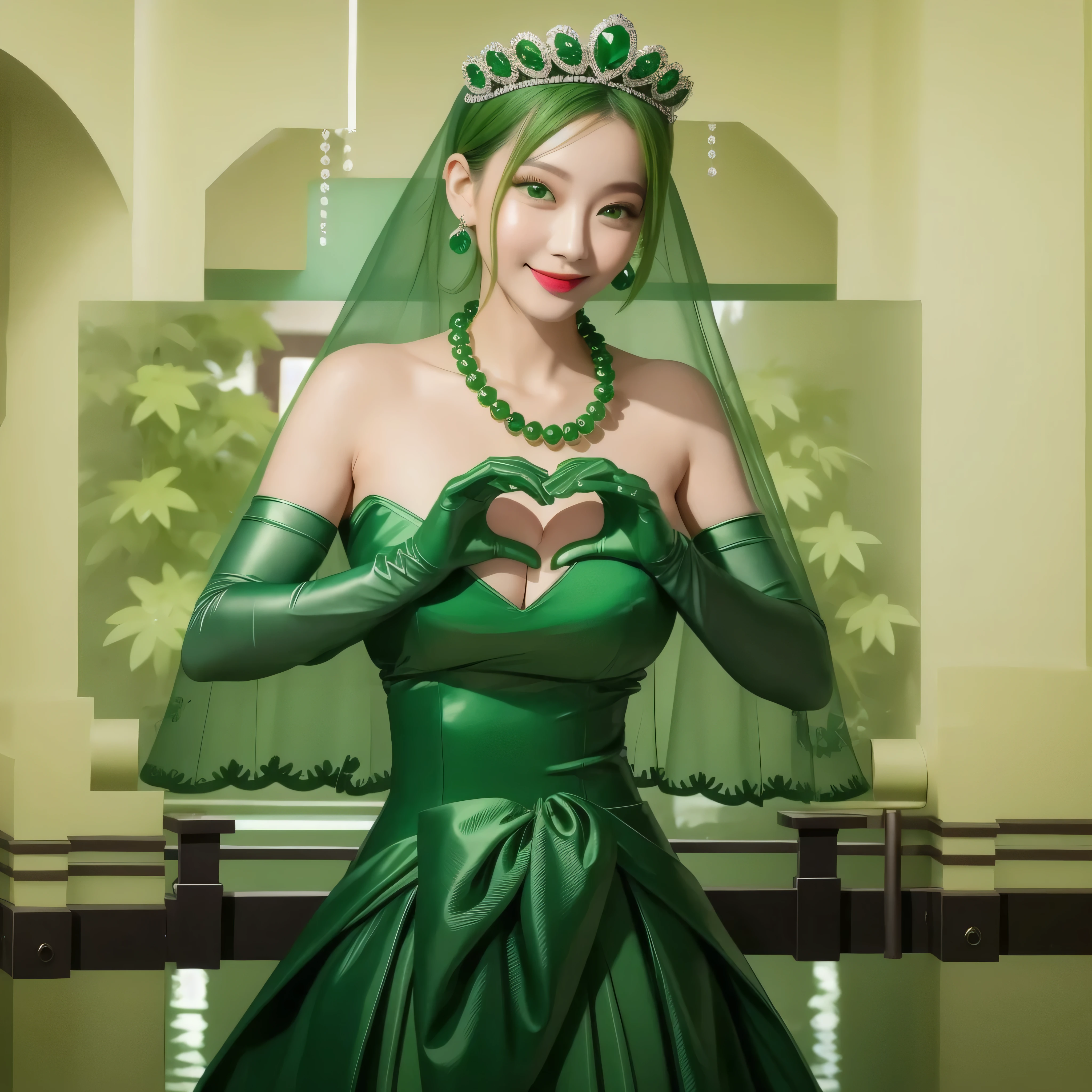 emerald tiara, Green Pearl Necklace, Boyish very short green hair, Green Lips, Smiling Japanese woman, Very short hair, Busty beautiful lady, Green Eyes, Green satin long gloves, Green Eyes, Emerald Earrings, Green veil, Heart with both hands, Green Hair, Beautiful Japanese Women, Heart shaped hands:1.3, green lip gloss