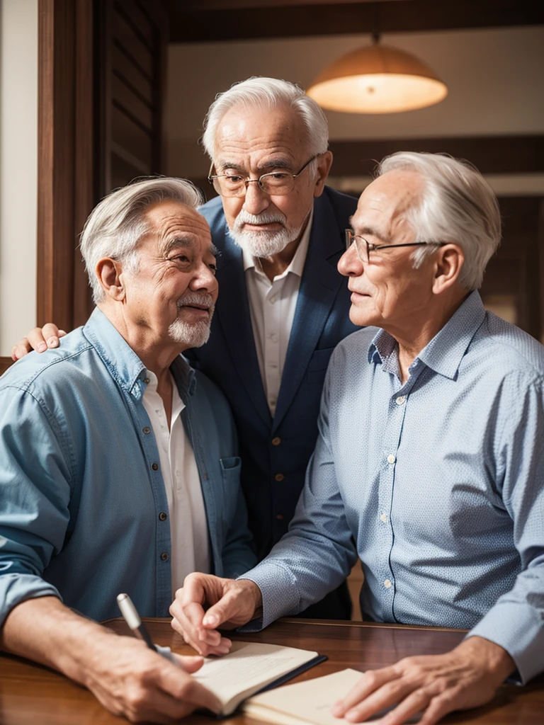 create image of 3 old men together telling secrets at a table 