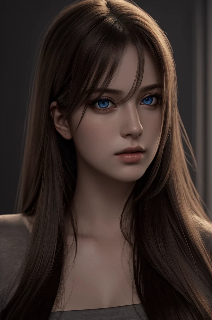 Best quality, masterpiece, ultra high res, (photorealistic:1.37), raw photo, 1girl, long hair, beautifull eyes, beautifull face, detailed eyes and face, t-shirt, dynamic lighting, in the dark, deep shadow, low key, cowboy shot