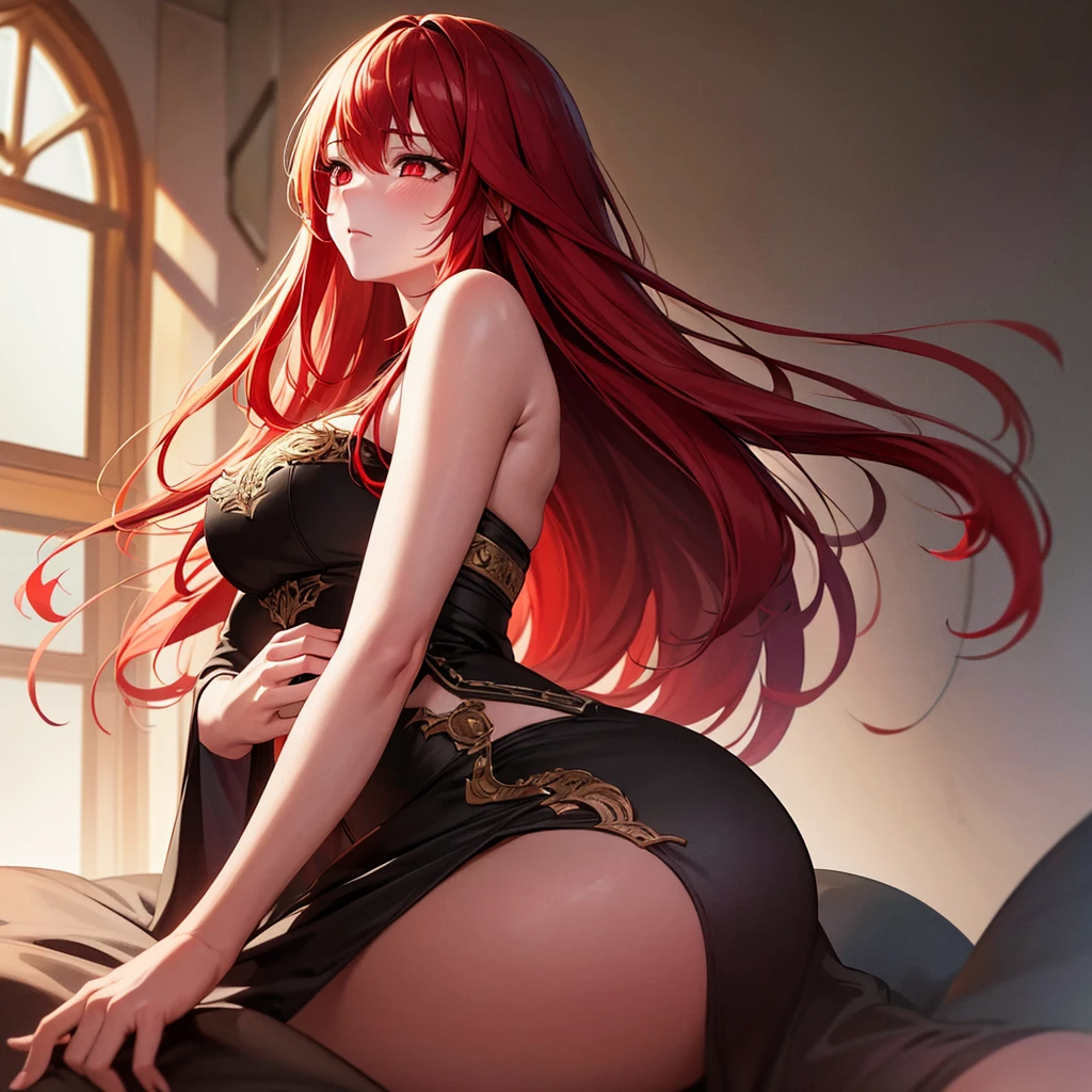 a redhaired girl, legs spread, slightly blushing, long hair, red eyes, , almost crying, best quality, perfect anatomy, highres, extremely detailed, photorealistic, detailed facial features, delicate skin, dramatic lighting, intricate details, cinematic composition, vibrant colors, masterpiece