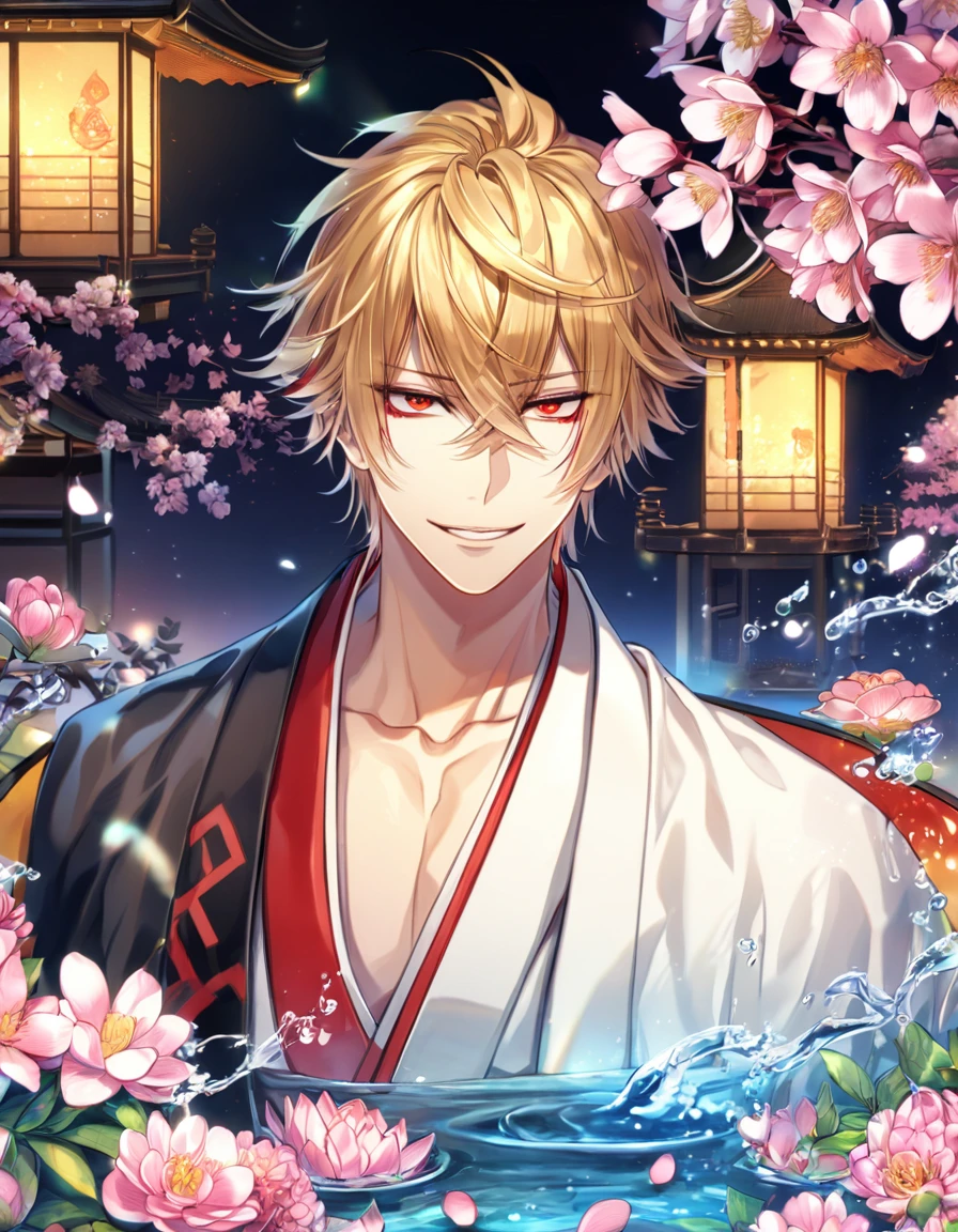 absurdres, highres, ultra detailed, HDR, master piece, Kazama Chikage, honey-blonde hair, expressive red eyes, a traditional white kimono with red trim, black collar, black haori with yellow trim on top of the kimono, Hakuouki (Shinsegumi Kitan), sexy man, handsome, best quality, blossoms, pink petals, pink flowers, fantasy, magical, blue shining fireflies, solo, water, smirking