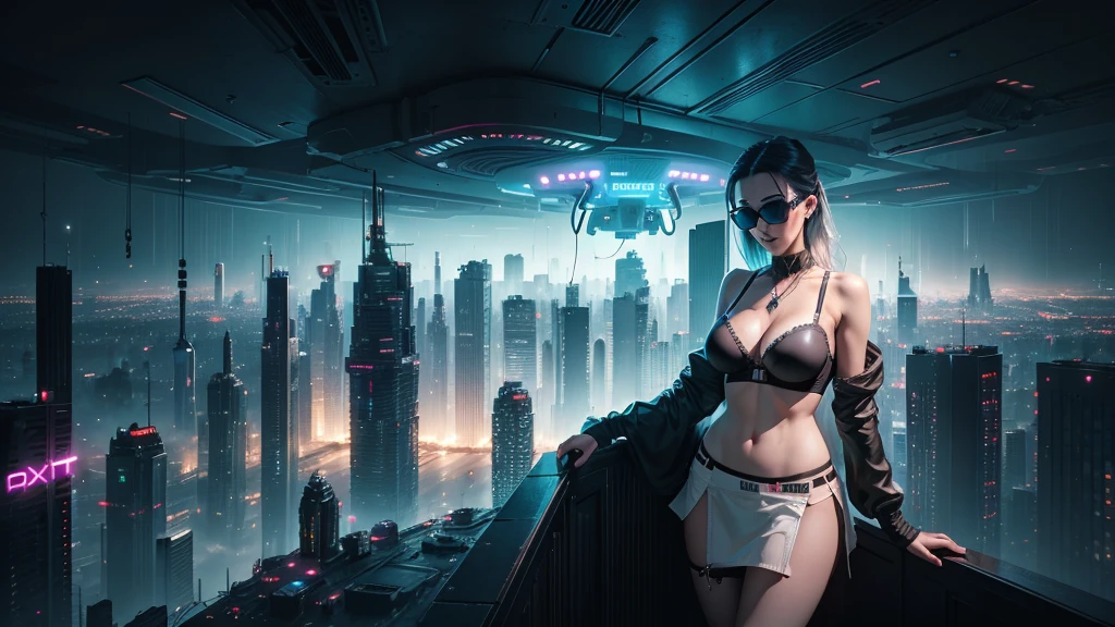 20-year old large-breast woman with cleavage:1.4, 1woman, solo, 3D neon art of a woman's body, with low angle view, (((((matrix style black micro sunglasses, black bra and very short black miniskirt, white G-string panty))))), (((aiming with a short gun))), (looking at camera), aerial view of blade runner neon-noir city background, (((Matrix cascading code))), (((1drone alone above city))), perfect composition, beautiful detailed intricate insanely detailed octane render trending on artstation, 8K artistic photography, photorealistic concept art, soft natural volumetric cinematic perfect light, chiaroscuro, award-winning photograph, masterpiece, oil on canvas, Raphael, Caravaggio, Greg Rutkowski, Beeple, Beksinski, Giger