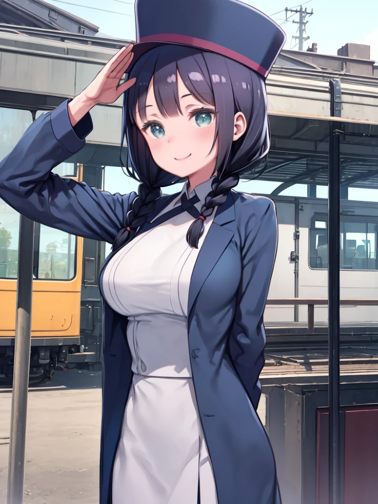 One Woman、female station staff、Big Breasts、Blue Bowler Hat、Blue Uniform、Blue suit、Blue trousers、salute、Black Hair、Twin tails、Two knots、Braids、Railway daughter、Green Eyes、Front view、Smiling、Rural Station、Upper Body、Hands behind the back、Twisting the body、tilting the head、