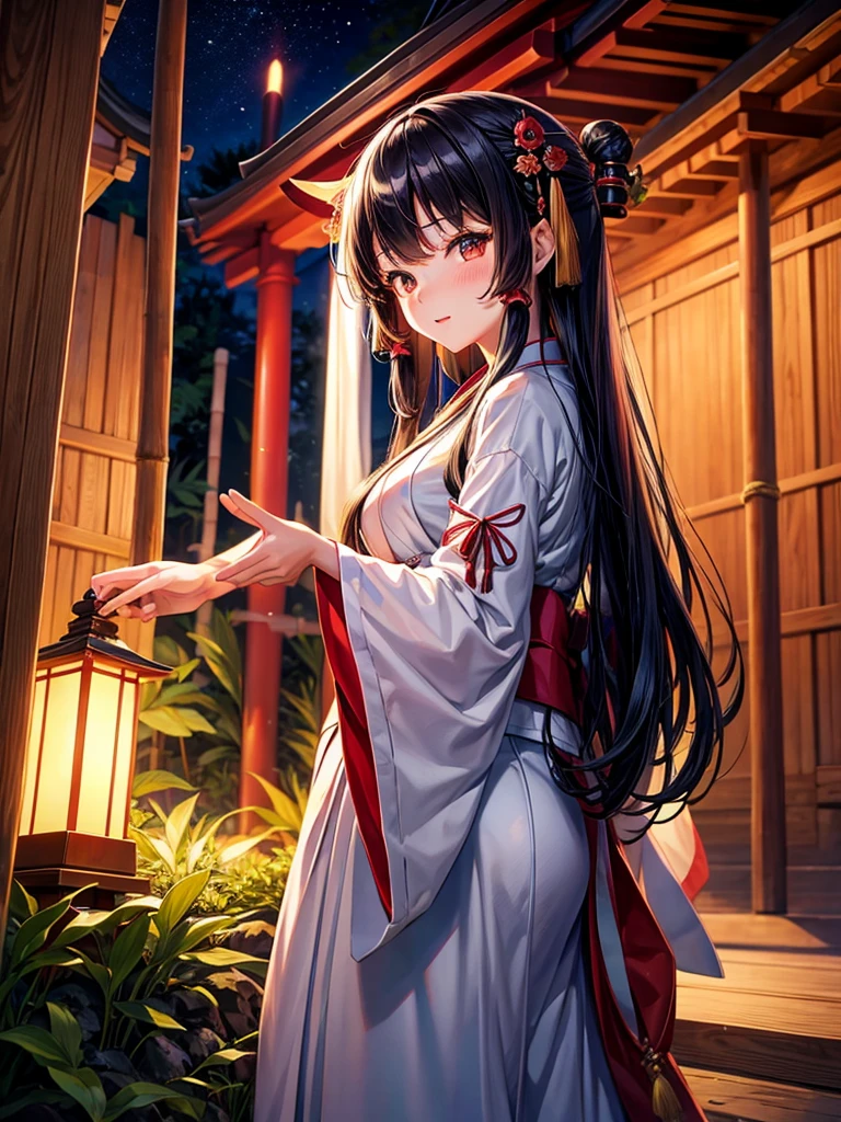 Highest quality,Highest Resolution,Shrine maiden in the shrine grounds,Bamboo bushes at night,Adult women,Jet black head of hair,