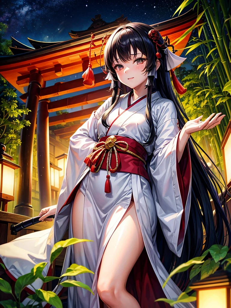 Highest quality,Highest Resolution,Shrine maiden in the shrine grounds,Bamboo bushes at night,Adult women,Jet black head of hair,