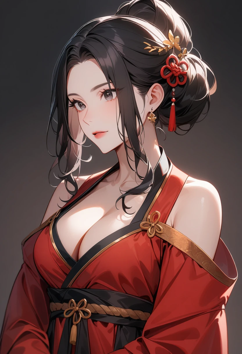 Mature women，Black long hair，Hair up，Red Hanfu，Showing cleavage，Show your shoulders，Beautiful black eyes，Extremely detailed，high resolution，Simple background