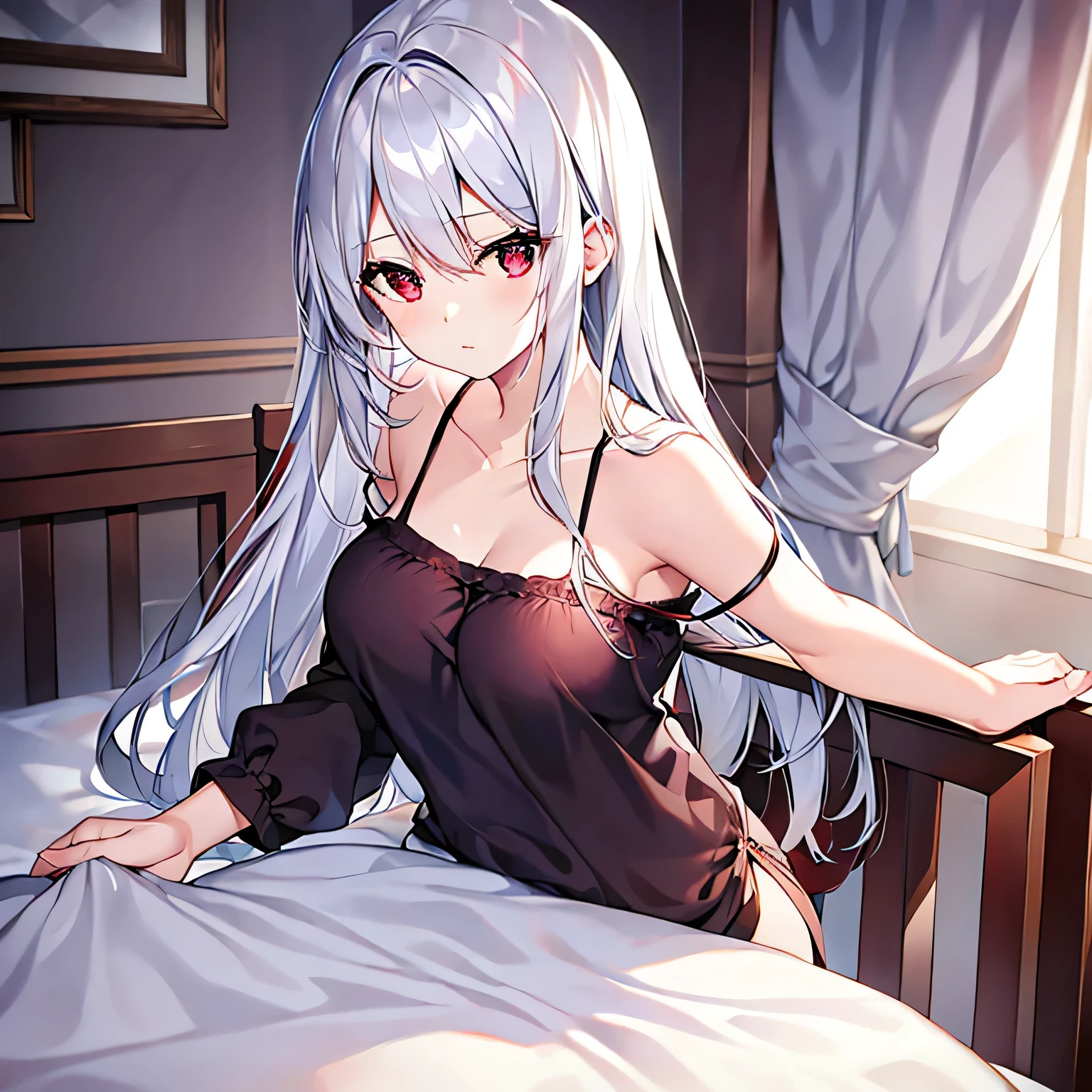 Silver Hair、Red eyes、Beautiful girl alone、solo、And soul、camisole、bed