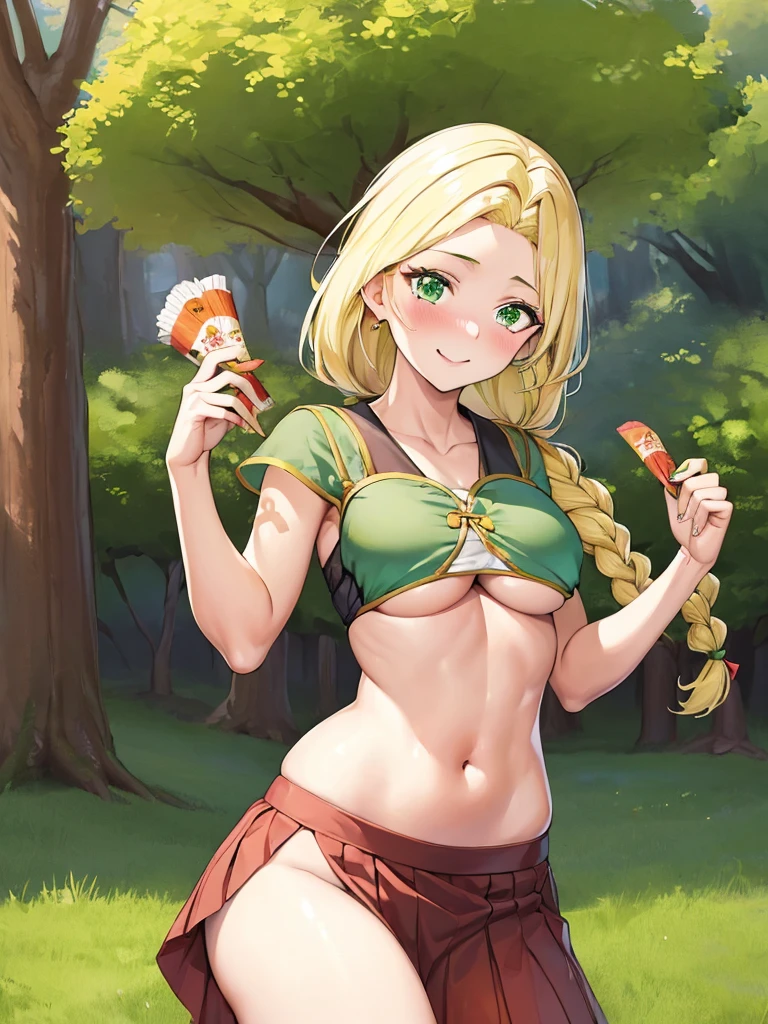 masterpiece,best quality,1girl,18yo,beautiful girl,BREAK,(緑の鎧:1.8),(Roll up the skirt yourself:1.6),(underboob,voluptuous bust,thin waist:1.4),navel exposed,BREAK,(Beautiful blonde,braid,Green Eyes:1.5),(Embarrassed smile:1.3),