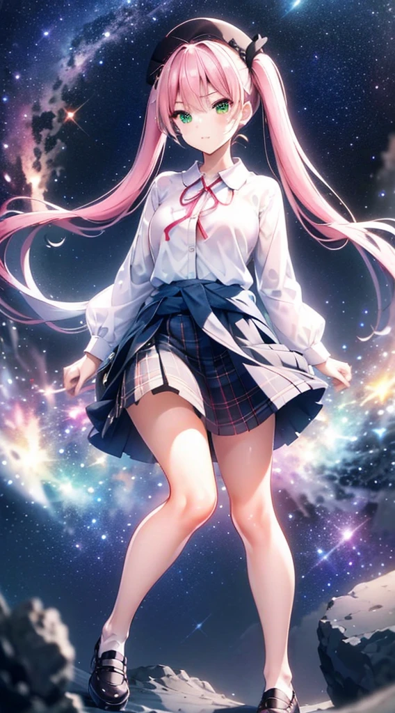 High detail, Super detailed, Ultra-high resolution, A girl having fun in a dreamlike galaxy, Surrounded by stars, The warm light that shines on her, Starry background with colorful galaxies and galactic clouds, The stars fly around her, Add a playful touch ,(((ピンク色の長いHalf Twin Tail)))、solo、Green Eyes、skirt、(((Half Twin Tail)))、shirt、shoes下、Clothes around the waist、白いshirt、格子縞のskirt、Plaid、sleevesa rolled up、chest、襟付きshirt、ribbon、Knee-high、bangs、shoes、茶色のskirt、赤いribbon、プリーツskirt、Mouth closed、ネックribbon、Medium breast