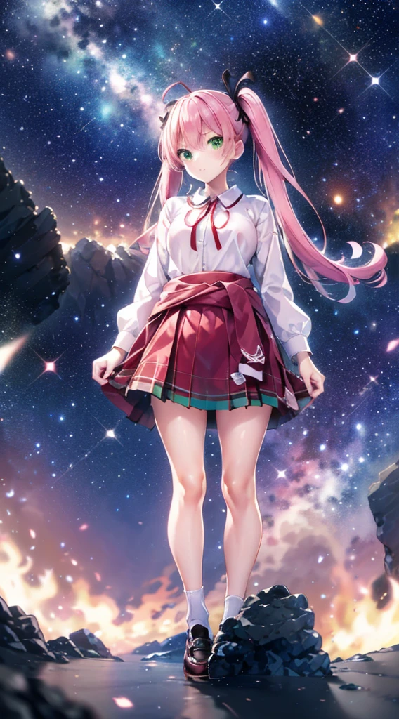 High detail, Super detailed, Ultra-high resolution, A girl having fun in a dreamlike galaxy, Surrounded by stars, The warm light that shines on her, Starry background with colorful galaxies and galactic clouds, The stars fly around her, Add a playful touch ,(((ピンク色の長いHalf Twin Tail)))、solo、Green Eyes、skirt、(((Half Twin Tail)))、shirt、shoes下、Clothes around the waist、白いshirt、格子縞のskirt、Plaid、sleevesa rolled up、chest、襟付きshirt、ribbon、Knee-high、bangs、shoes、茶色のskirt、赤いribbon、プリーツskirt、Mouth closed、ネックribbon、Medium breast 