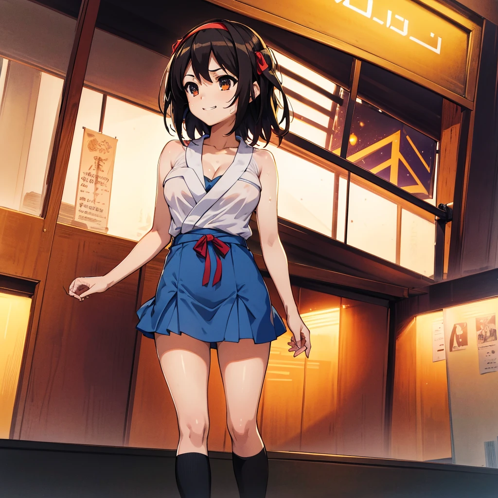 Highest quality, masterpiece, 4K, Highly detailed face, Highly detailed skin, Highly detailed wallpaper, Japanese anime, Second Dimension, Small face, Big Breasts, Normal body, Accurate body, Fine skin, Very beautiful cleavage, NSFW, whole body, One girl, Shy smile, On the bed, Short bob hairstyle, Black Hair, Suzumiya haruhiの憂鬱, Suzumiya haruhi, Sweaty, Cosplay, , mini skirt, From the back