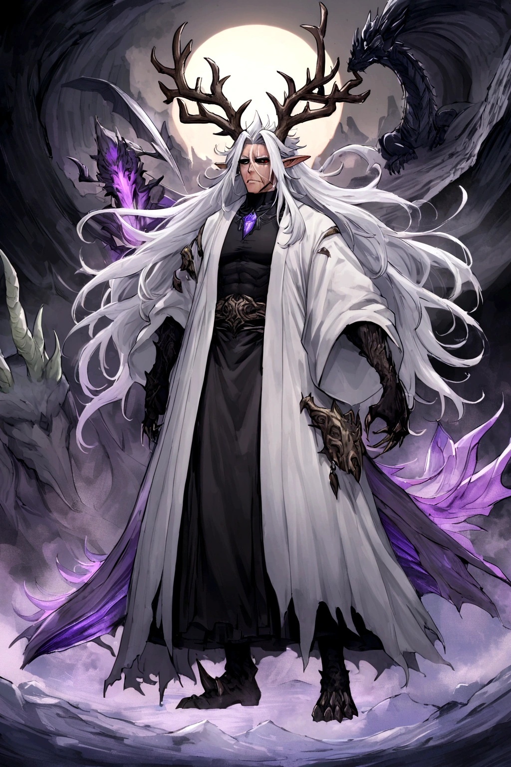 solo, 20 year old male, character fusion,  nidhogg fused with odin and sun wukong, tall tanned man with wild unruly white hair, bangs on face, bangs, ((iridescent irises)), black sclera on eyes, long voluminous hair, spiky hair, pointy ears, fit , clawed fingers, dragon tail, open haori, turtleneck tanktop, manly jaw, dark crystal antlers, exhausted expression, khaenr'ah abyss, draconic person, calamity incarnate,  full body