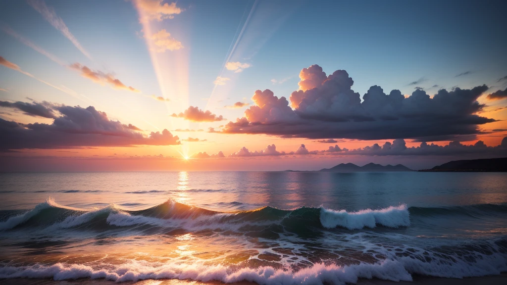 Vivid sunrise over calm waters、The contrast between the bright sky illuminated by the golden rays of the sun and the deep blue sea