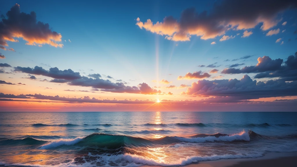 Vivid sunrise over calm waters、The contrast between the bright sky illuminated by the golden rays of the sun and the deep blue sea