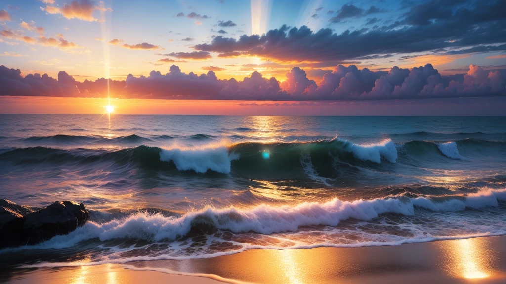 Vivid sunrise over calm waters、The contrast between the bright sky illuminated by the golden rays of the sun and the deep blue sea