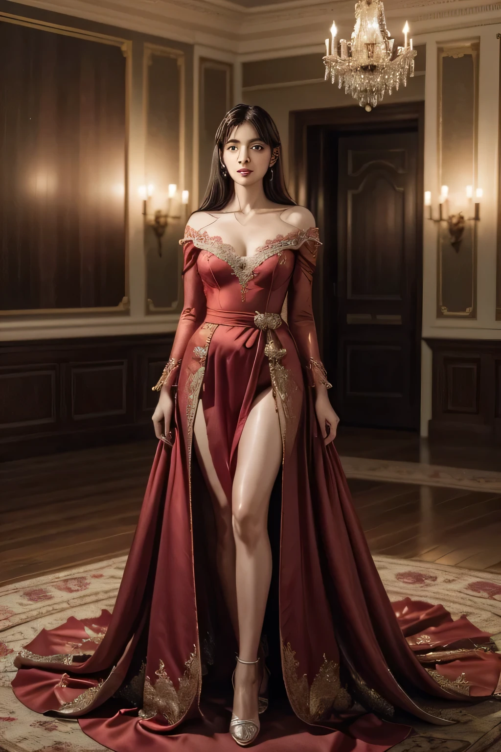 Suzy is wearing a stunning dress that appears to have been sewn from moon and star threads.. The fabric is red satin , adorned with delicate pearl and crystal embroidery. V-neckline highlights the collarbone, while the flowing skirt opens in fluid layers to the floor. The sleeves are short and slightly puffed, giving a romantic touch to the set. A satin sash at the waist defines your silhouette, and the dress fits perfectly, as if it was custom made for her. Suzy looks like a goddess of elegance, ready to dance under the ballroom's sparkling chandeliers. ✨👗
