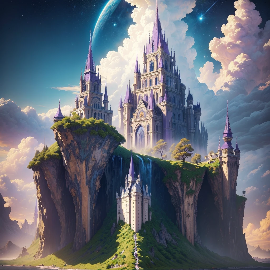 ((masterpiece)), Highest quality, (8K, Highest quality, masterpiece:1.2), Ultra-detailed, figure, Big Fantasy City, sf, Ether City, Floating city, Skyscrapers,Super huge waterfall,Many planets in the sky, clouds around, Celestial architecture, Purple energy scars around, Huge castle in the center, Astral Sky