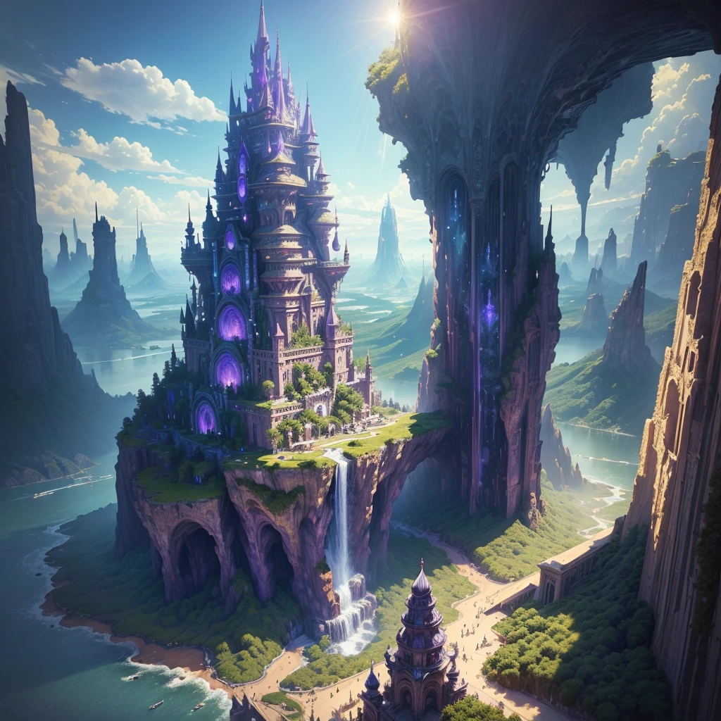 ((masterpiece)), Highest quality, (8K, Highest quality, masterpiece:1.2), Ultra-detailed, figure, Big Fantasy City, sf, Ether City, Floating city, Skyscrapers,Super huge waterfall,Many planets in the sky, clouds around, Celestial architecture, Purple energy scars around, Huge castle in the center, Astral Sky