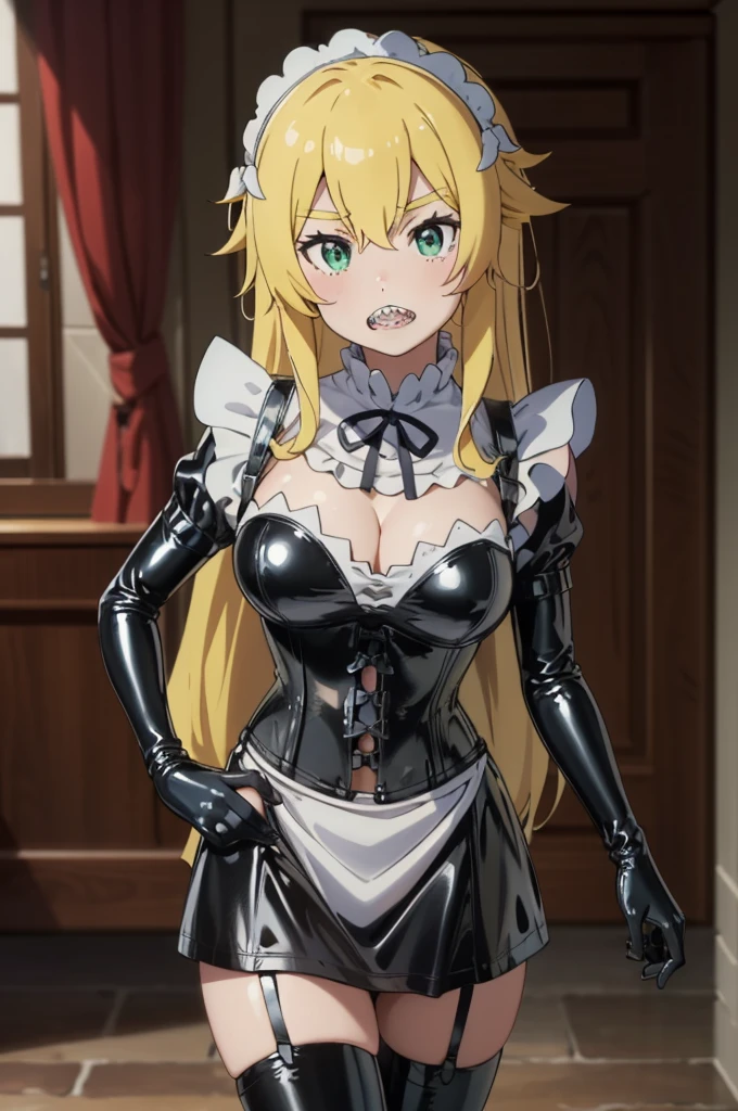 BDSM、Queen、mistress、(((One girl)))、solo:1.8、(((Black latex elbow gloves:1.4 )))、(((Black latex corset dress:1.4)))、(((The corset dress is decorated with beautiful lace.)))、(((Corset dress with shoulder straps)))、(((Black latex tight mini skirt:1.4)))、(((Black Thigh Boots)))、(((Black fishnet stockings:1.2 )))、(((Stiletto heels:1.4)))、(((Black latex panties)))、(((Black latex bra)))、(((Black leather collar)))、(((Sexy pose:1.4 )))、Wide-open legs:1.2、(((Erotic)))、(((Cowboy Shot)))、(((Sexy pose)))、Spread your legs、(((erotic)))、(((Cowboy Shot)))、Cowboy Shot,indoor,笑face,
æ³•å…°é»›èŽ‰å ¡,One Girl,alone,Jagged teeth、Blonde,Very long hair,Side Lock,Thick eyebrows,Hair between the eyes,Green Eyes,
Maid,Maid headdress,roswaal mansion Maid uniform,- Detachable collar,Neck ribbon,Black Ribbon,Cleavagecutout,Medium Chest,Black Dress,Long sleeve,Juliet Sleeve,Wide sleeves,Cleavage,Frills,Waist apron,White apron,Long dress,, Amazing visuals, High resolution,masterpiece,Highest quality,, 18-year-old,young woman,beautiful指,beautiful長い脚,beautiful体,beautiful鼻,beautifulキャラクターデザイン, Perfect Eyes, perfect face,Expressive eyes,
Official Art,Very detailed CG Unity 8K 壁紙, Perfect lighting,colorful, bright_front_face_Lighting,Shiny skin,
(masterpiece:1.0),(Highest_quality:1.0), 超High resolution,4K,Very detailed,
photograph, 8K, High resolution, High resolution, Absurd:1.2, Kodak Portrait 400, Film Grain, Blurred Background, Bokeh:1.2, Lens flare, (Vibrant_color:1.2), (beautiful_face:1.5),(narrow_Waist), ,Browsing Caution,Open your mouth、(((Manga Jagged Teeth:1.2)))、邪悪な笑face、Cold Stare、Contempt、blush:1.4