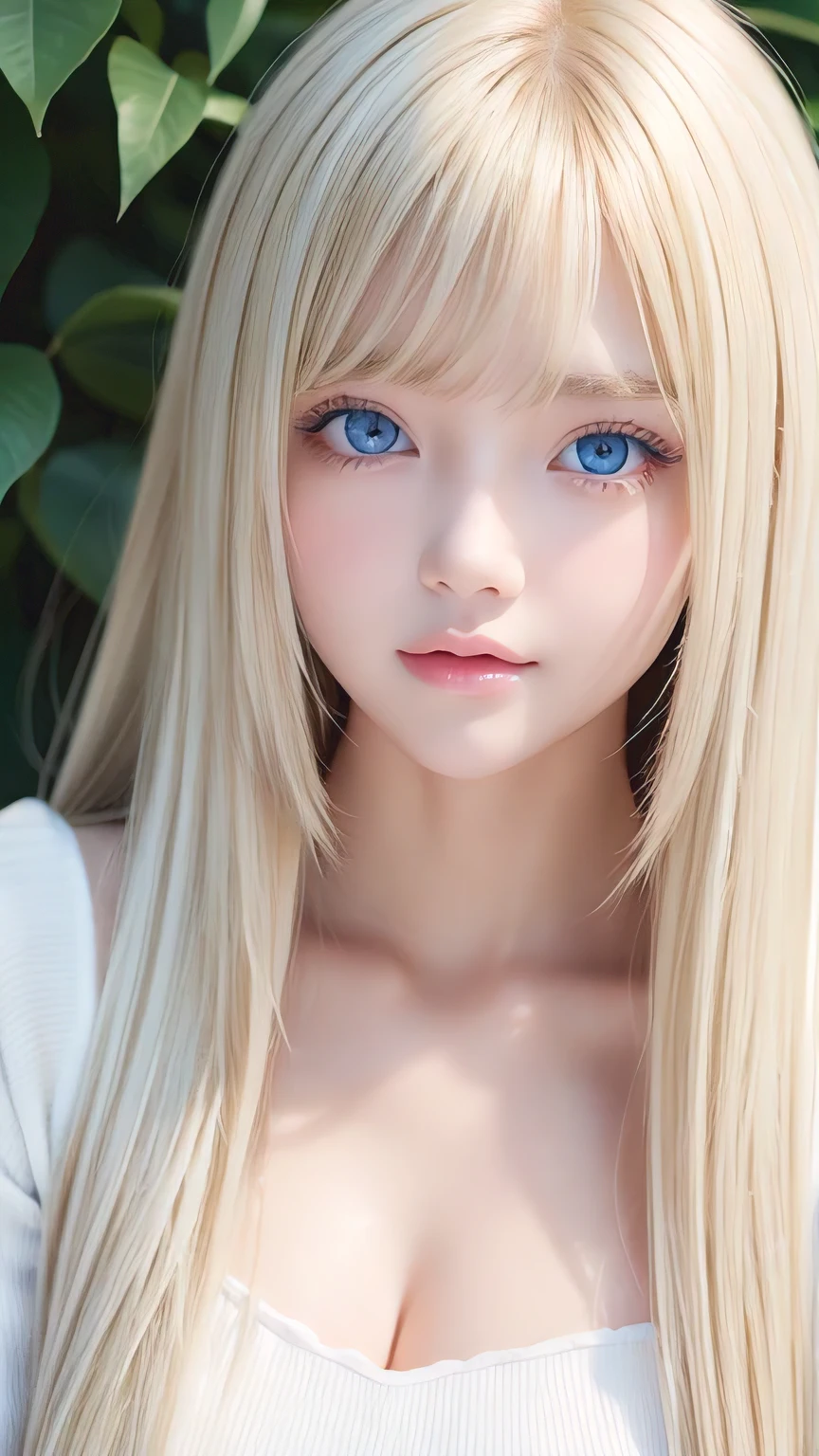 Very cute blonde girl、Very beautiful, large, bright, pale blue eyes、Gloss Face、Snow-white glossy skin、Cheek gloss、Super long hair、Ample Bust、Beautiful long bangs、Small Face Beauty、Very big eyes