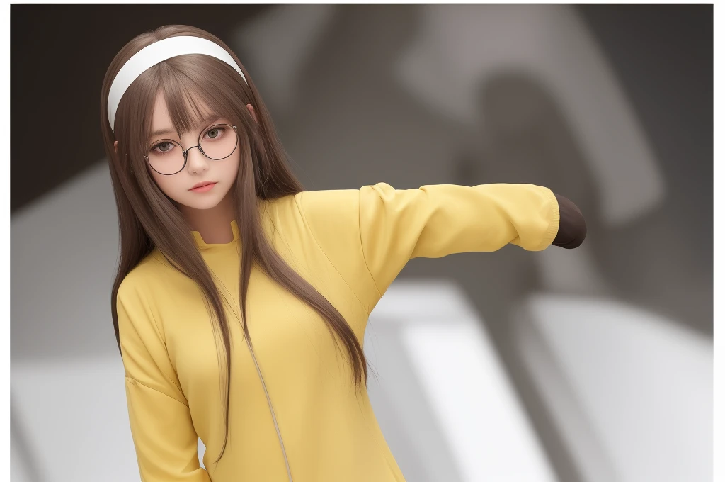 female, white hairband, brown hair, brown eyes, long hair,wearing frameless glasses,yellow cardingan,opened cardingan