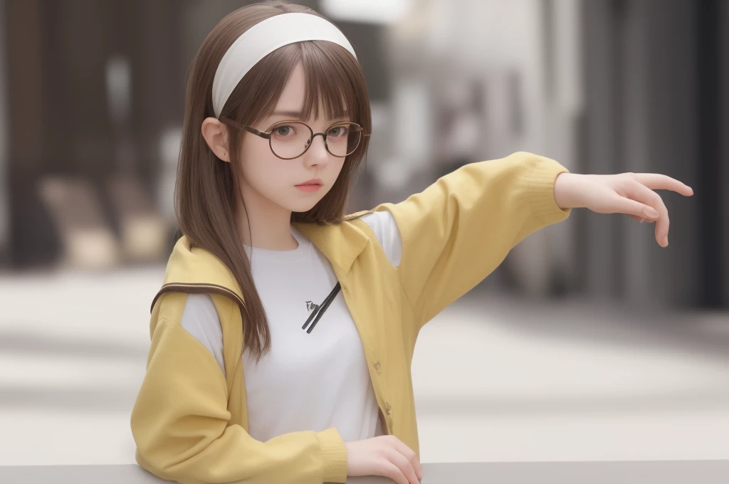 female, white hairband, brown hair, brown eyes, long hair,wearing frameless glasses,yellow cardingan,opened cardingan