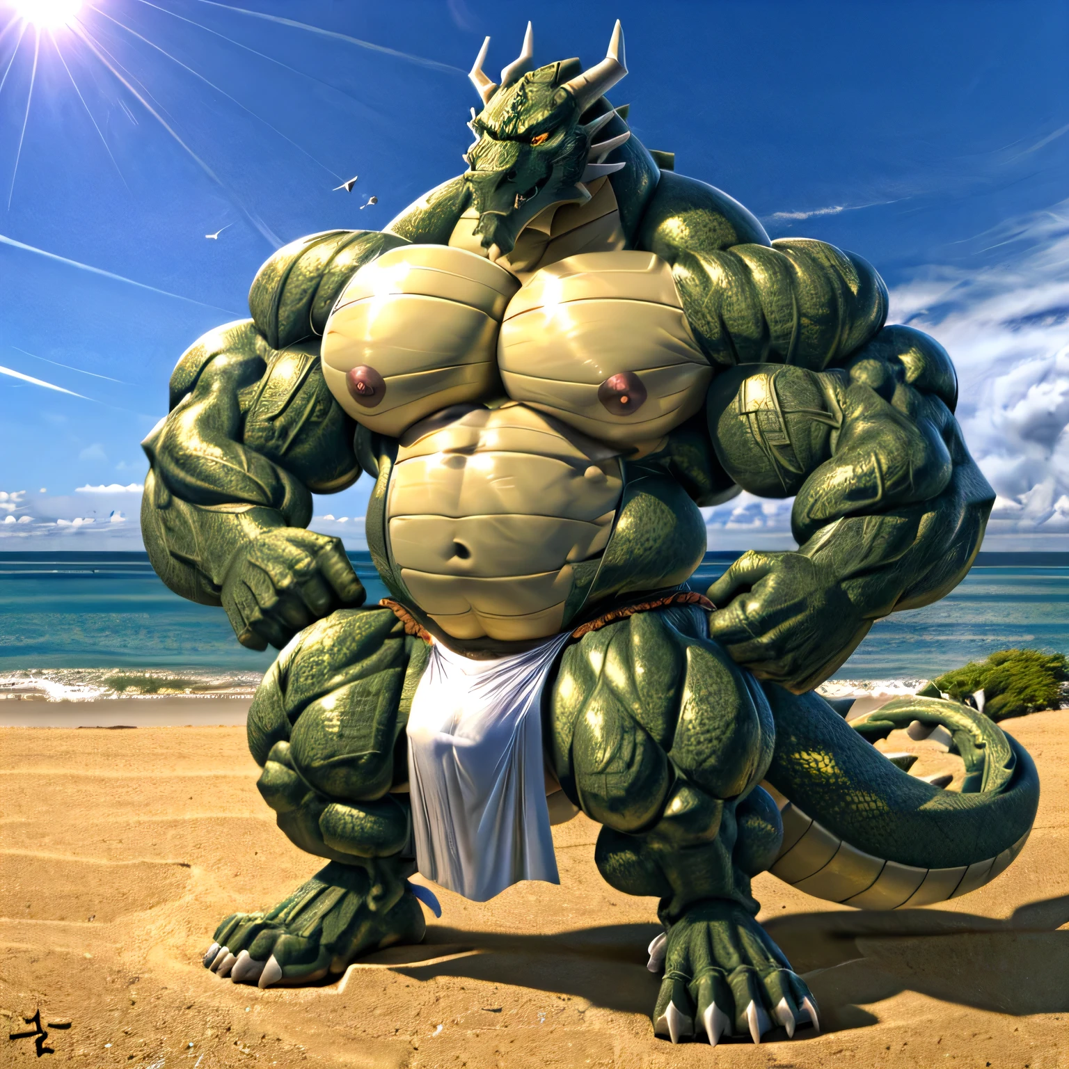 shendu, eastern dragon king, male dragon, eastern dragon,hefty body, with very big muscles, hulking, huge, colossal body, extremely strong, huge abdominal muscles, hefty abs, pecs, plump big muscle abs, Strong and robust muscle abs, daddy body muscle-gut abs, massive prominent muscle abs, sharp claws, legs, feet, full body, loincloth, nipples, sunlight, daylight, outdoor, bright , at noon, good weather, 4k, best quality, dragon eyes, dragon tail.