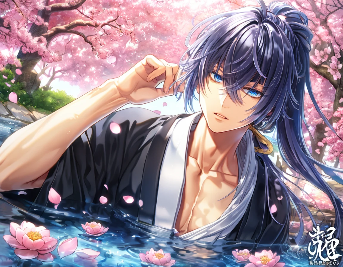 absurdres, highres, ultra detailed, HDR, master piece, best quality, Hajime Saitou, long indigo hair, hair loosely tied into a side low ponytail, hair over the right eye, expressive blue eyes, Hakuouki Shinsengumi Kitan, solo, sexy man, handsome, white scarf, black kimono, water, fantasy, magical, shining, pink flowers, pink blossoms, pink petals