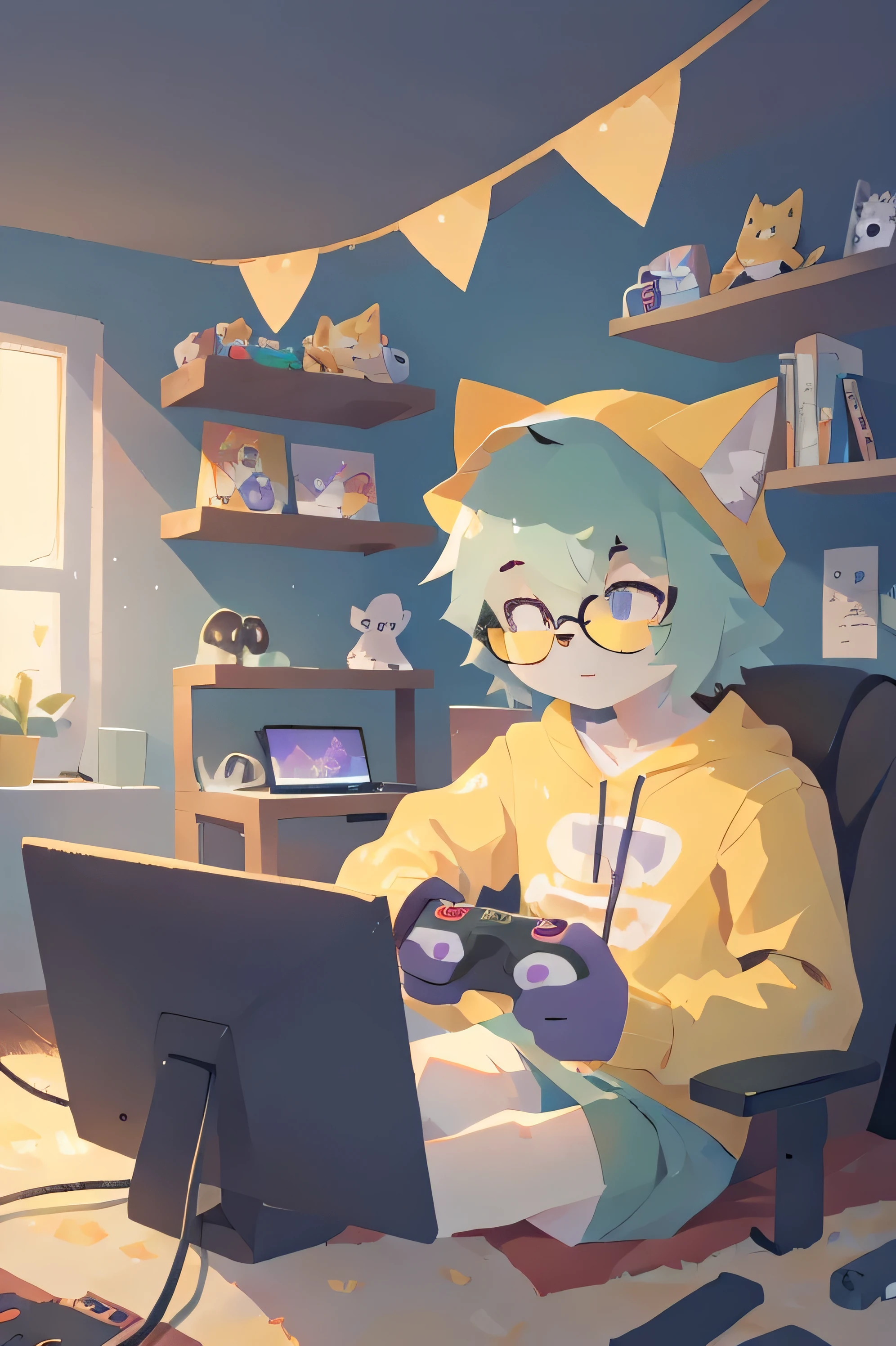 a mint green haired cat boy with a yellow cat hat and dark grayish purple glasses who is playing video games in his gamer room