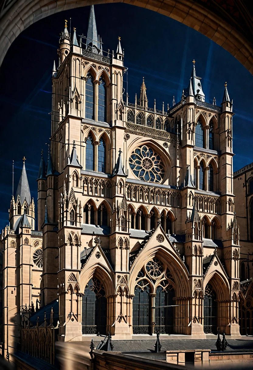 a grand Gothic cathedral,showcasing detailed spires,pointed arches,and ornate rose windows,(masterpiece:1.3),(best quality:1.3),(high resolution:1.2),(high detail:1.2) . 35mm photograph,film,bokeh,professional,4k,highly detailed,