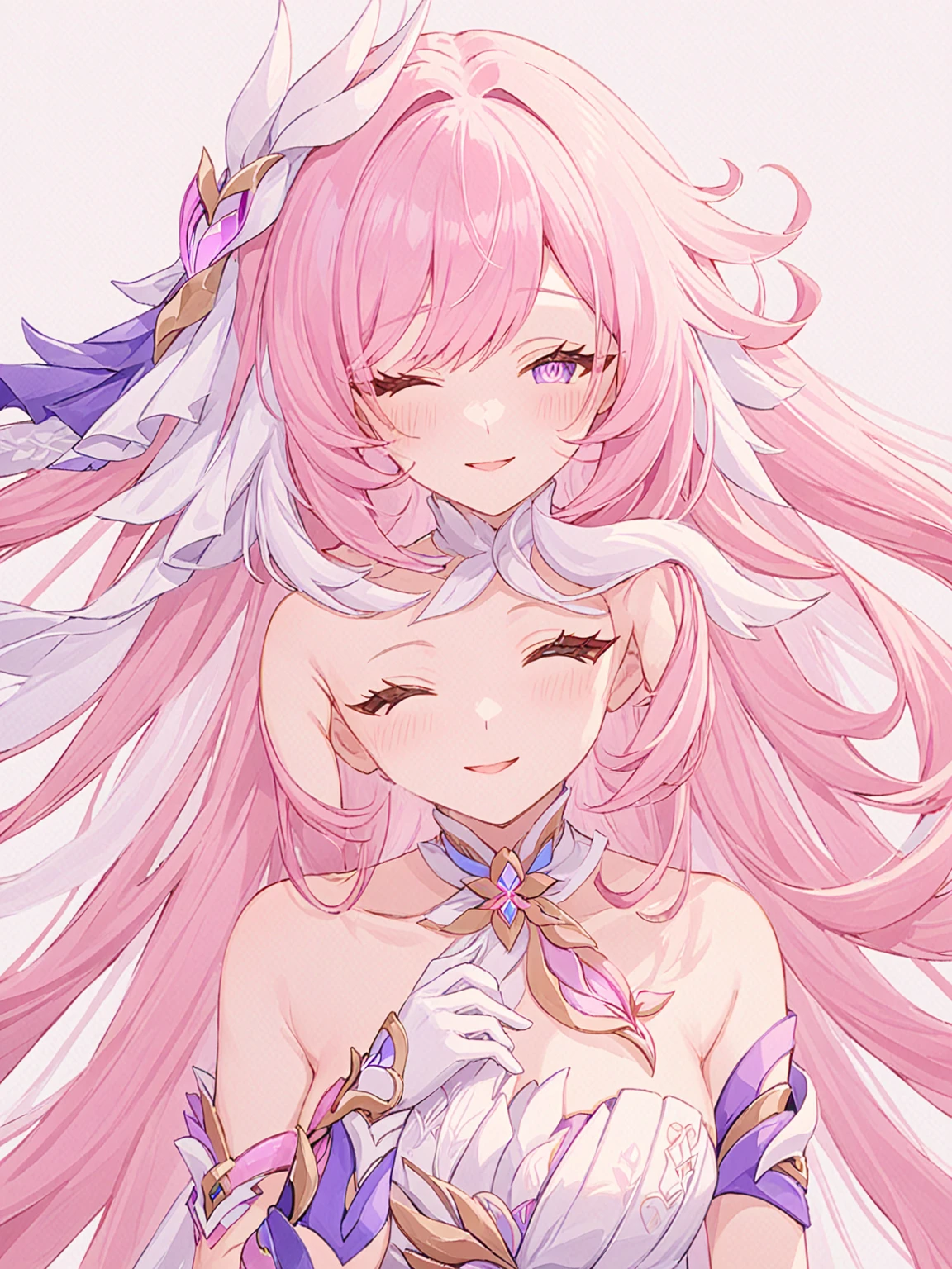 One girl, Elysia \(Honkai Impact\), alone, Close one eye, white gloves, gloves, dress, View your viewers, smile, white dress, Mouth closed, Bare shoulders, chest, Symbol-shaped pupil, Simple Background, Very long hair