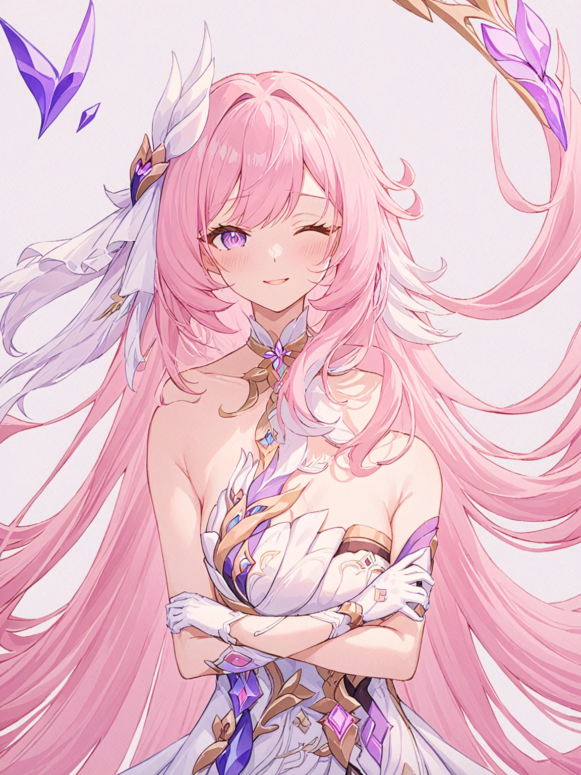 One girl, Elysia \(Honkai Impact\), alone, Close one eye, white gloves, gloves, dress, View your viewers, smile, white dress, Mouth closed, Bare shoulders, chest, Symbol-shaped pupil, Simple Background, Very long hair