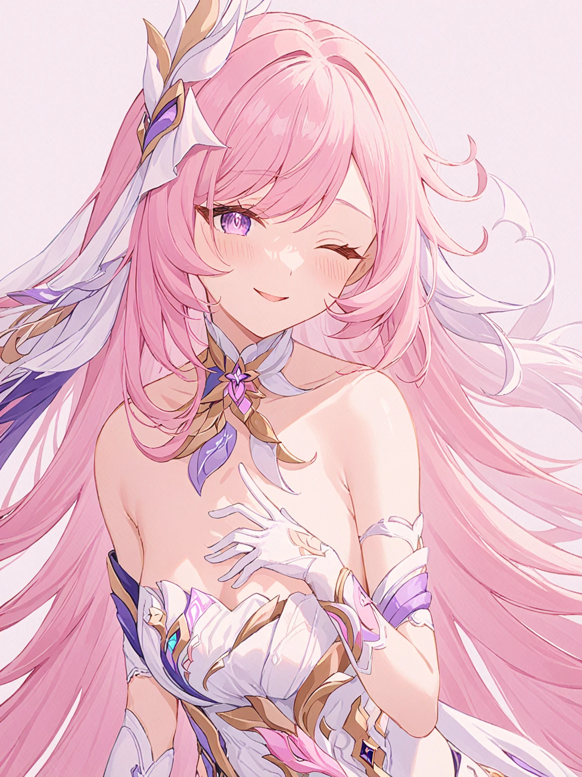 One girl, Elysia \(Honkai Impact\), alone, Close one eye, white gloves, gloves, dress, View your viewers, smile, white dress, Mouth closed, Bare shoulders, chest, Symbol-shaped pupil, Simple Background, Very long hair