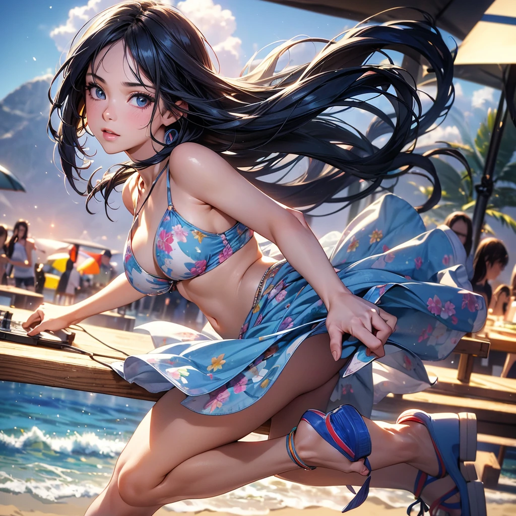 (best quality,4k,8k,highres,masterpiece:1.2),ultra-detailed,(realistic,photorealistic,photo-realistic:1.37),HDR,UHD,studio lighting,ultra-fine painting,sharp focus,physically-based rendering,extreme detail description,professional,vivid colors,bokeh,portraits,anime,photography,pink tones,warm sunlight lighting 1girl, solo, detailed eyes, detailed lips, extremely detailed eyes and face, long eyelashes, long dark blue hair in a ponytail with side bangs, small , two piece rainbow bikini and sandals, working the dj set, beach party background