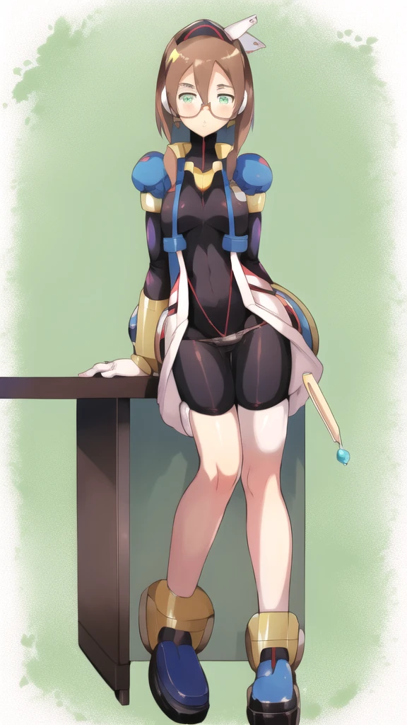 Aile_Megamanzx, 1 Girl, looking at viewer, Brown hair, Green eyes, Simple background , Blushed , Leaning on a table , Glasses , Licking a lemon ice popsicle, full body