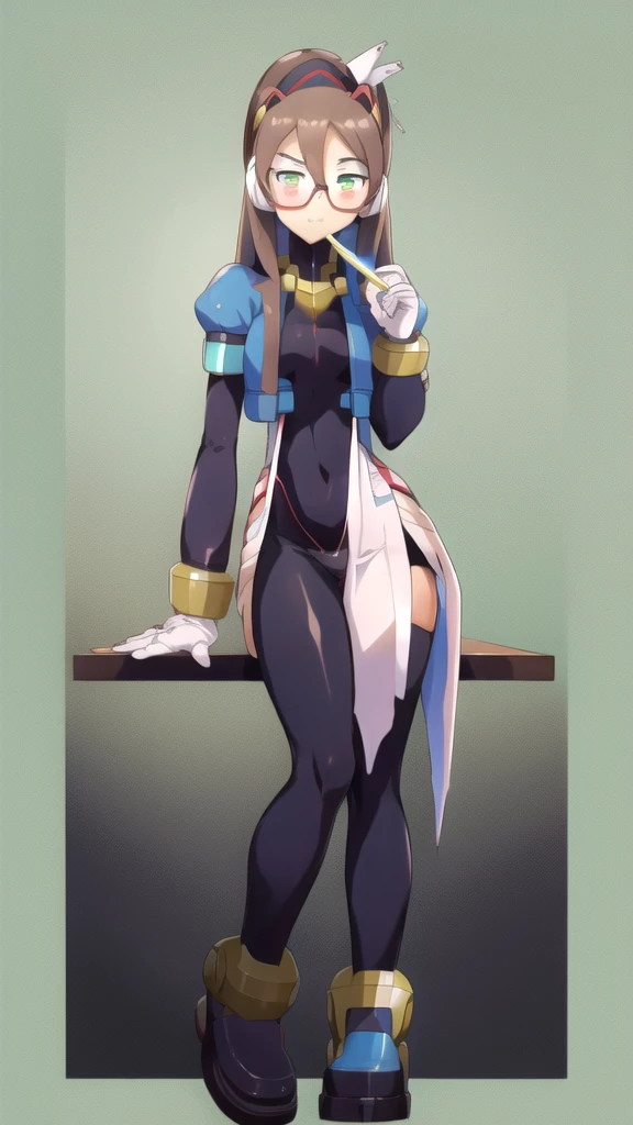 Aile_Megamanzx, 1 Girl, looking at viewer, Brown hair, Green eyes, Simple background , Blushed , Leaning on a table , Glasses , Licking a lemon ice popsicle, full body
