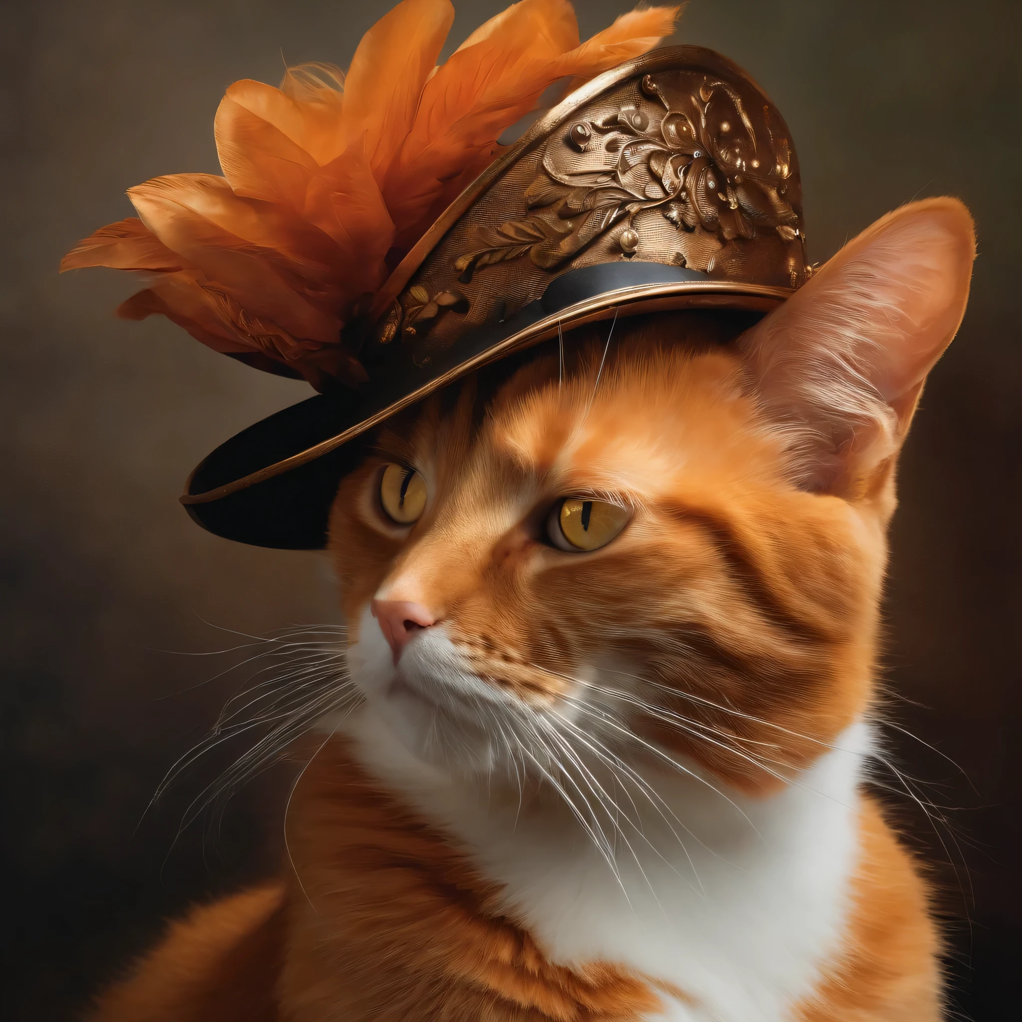 An orange cat with a metal hat