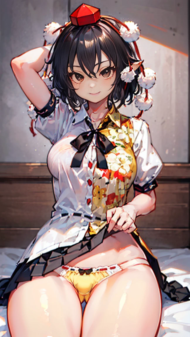 NSFW,with the best image quality,age girl standing in the room,whole body,black eyes,black hair,deep black medium bob hair,boots,shameimaru_aya\(touhou\),8k,4k,best quality,masterpierce,BREAK,lift (((skirt,scool girl uniform,cute yellow orange panties,cute smile,cute floral bra,Wearing cute floral panties))),lift ribbon_trimmed_underwear,embarrassed smile,crotch,